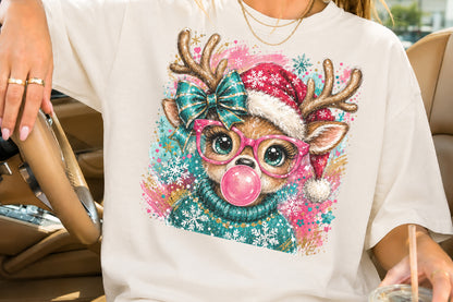 Pink Bubblegum Reindeer Christmas PNG Cute Retro Holiday Sublimation Design