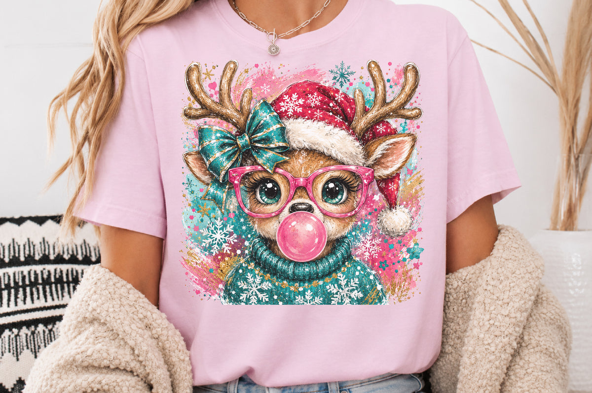 Pink Bubblegum Reindeer Christmas PNG Cute Retro Holiday Sublimation Design