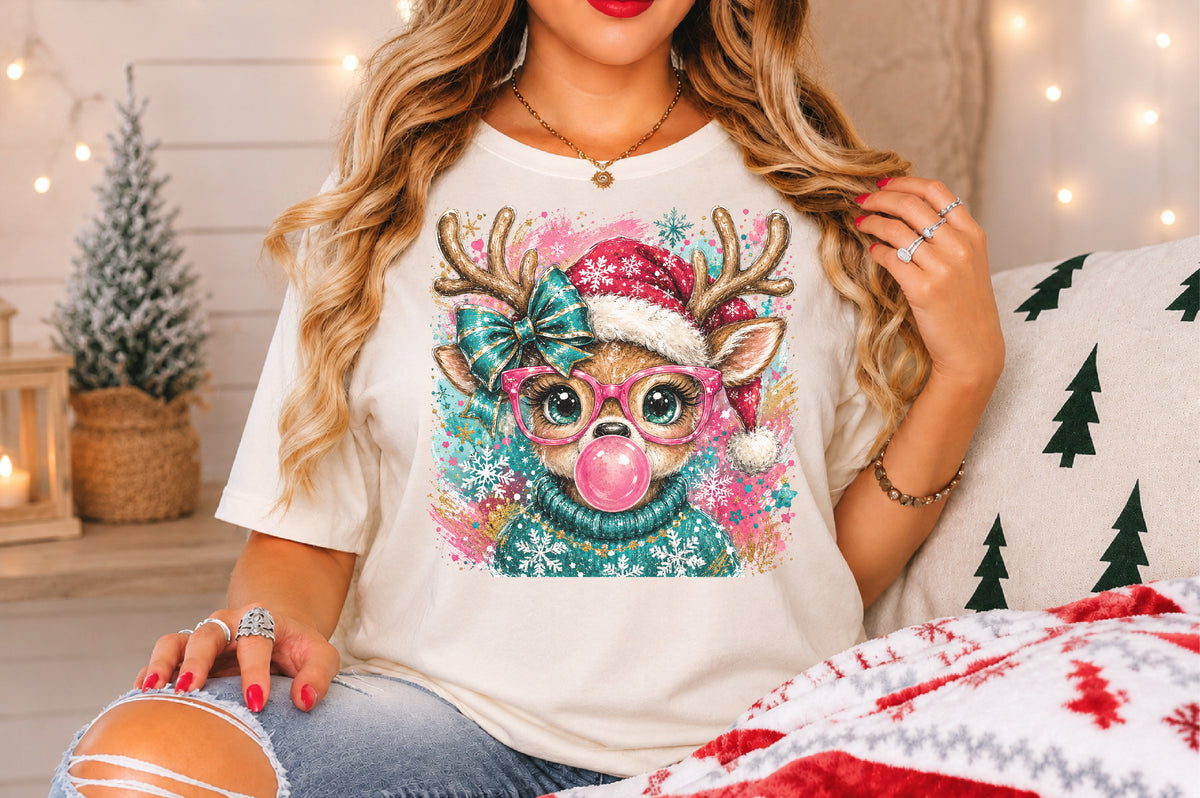 Pink Bubblegum Reindeer Christmas PNG Cute Retro Holiday Sublimation Design