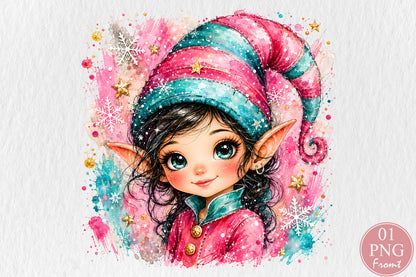 Pink Christmas Elf Girl PNG Cute Winter Fantasy Sublimation Design