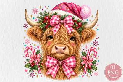 Pink Christmas Highland Cow PNG Sublimation Design