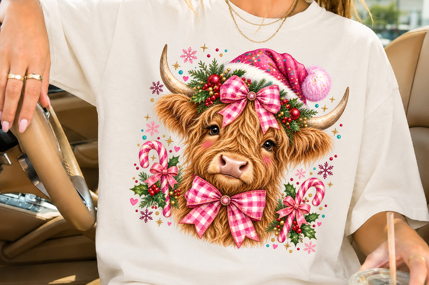 Pink Christmas Highland Cow PNG Sublimation Design