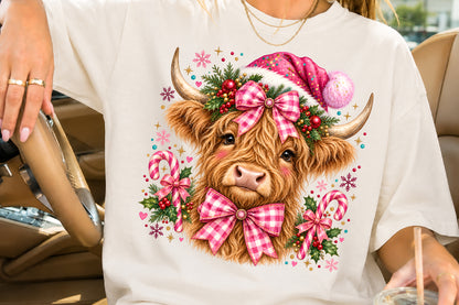 Pink Christmas Highland Cow PNG Sublimation Design
