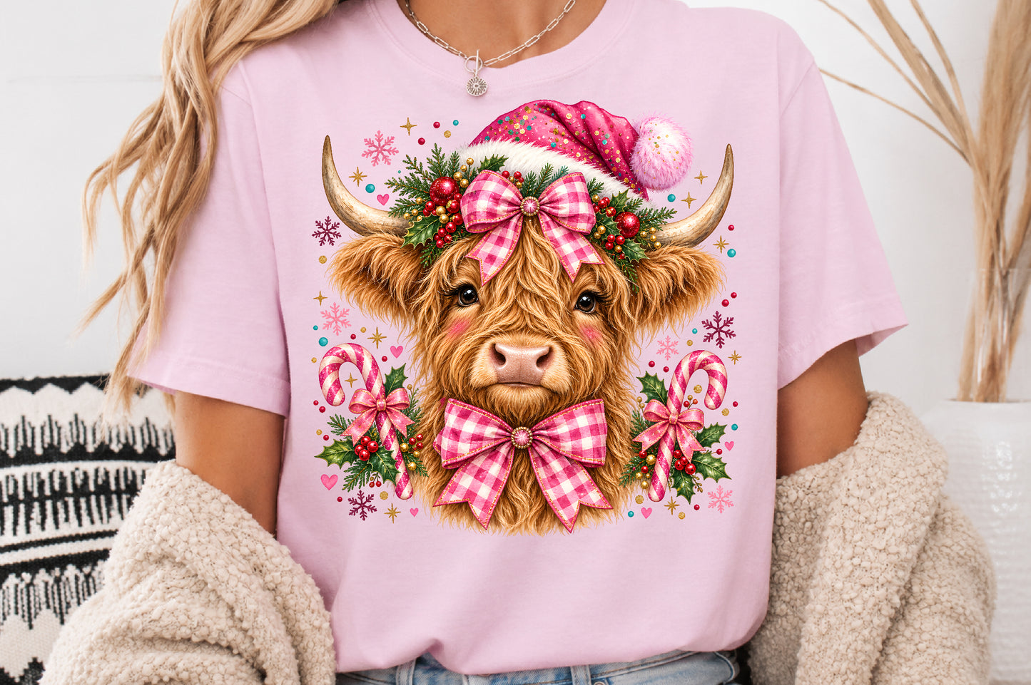 Pink Christmas Highland Cow PNG Sublimation Design
