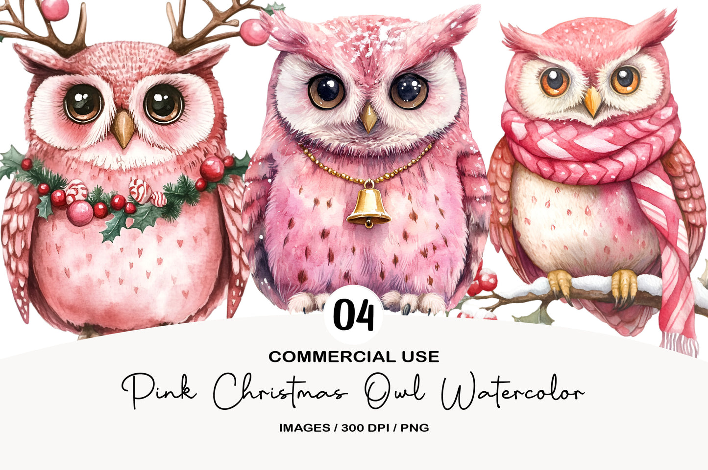 Pink Christmas Owl Watercolor Clipart PNG