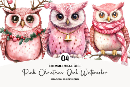 Pink Christmas Owl Watercolor Clipart PNG