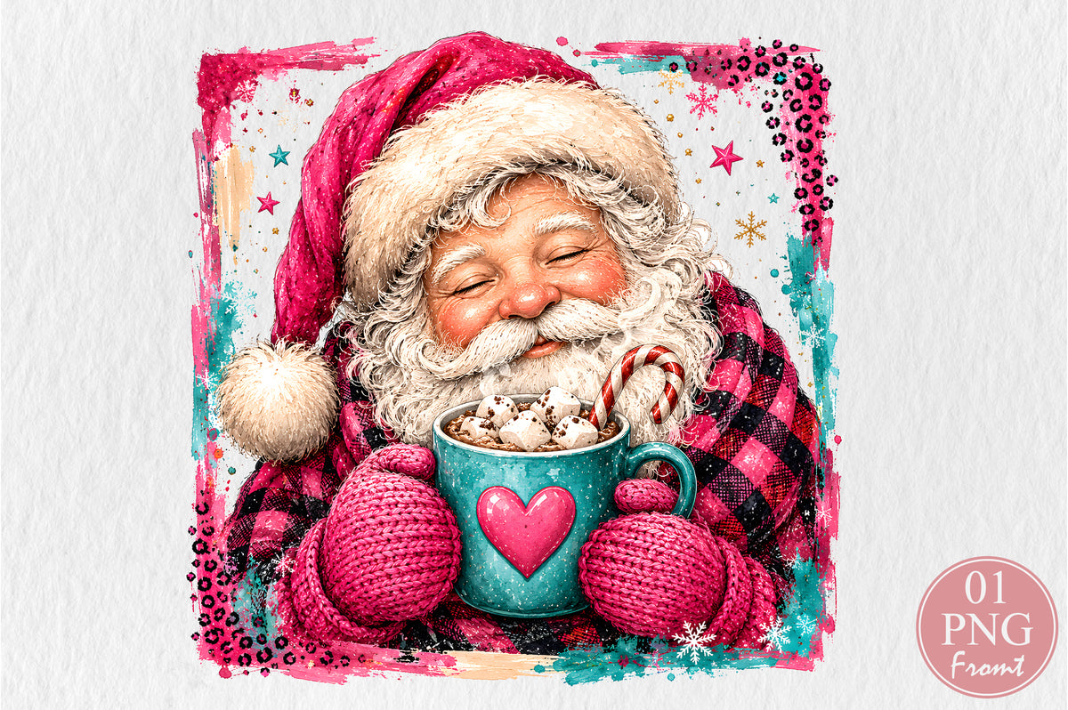 Pink Santa Hot Cocoa Christmas PNG Sublimation Design
