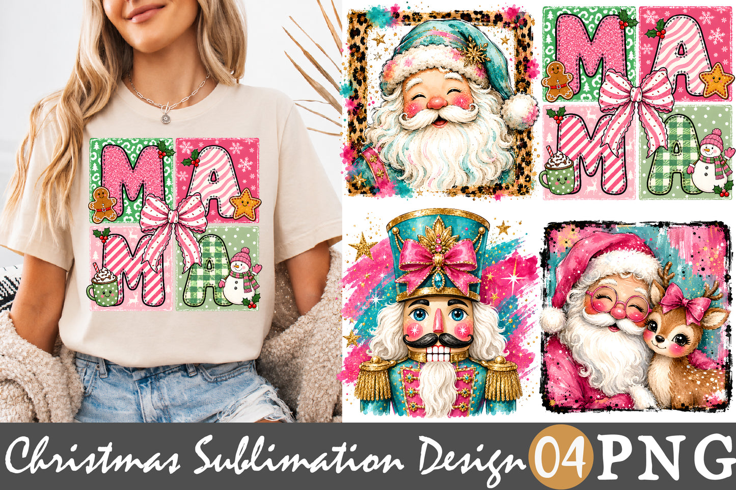 Pink Christmas Mama Sublimation PNG Santa Nutcracker Reindeer Holiday Design