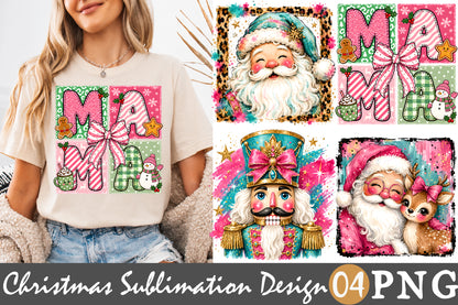 Pink Christmas Mama Sublimation PNG Santa Nutcracker Reindeer Holiday Design