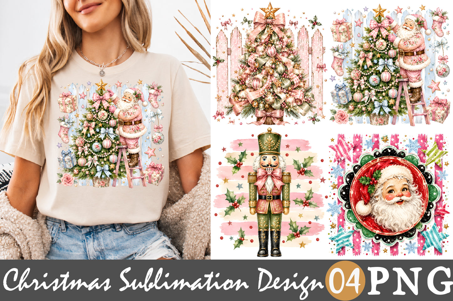 Pink Christmas Sublimation PNG Vintage Santa Nutcracker Christmas Tree Holiday Design