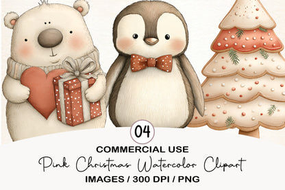 Pink Christmas Watercolor Clipart PNG Bundle | Cute Pink Holiday Christmas Clipart