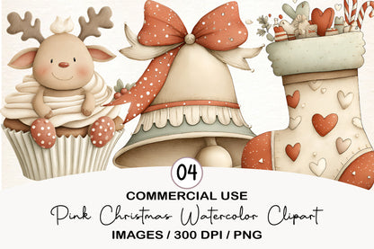 Pink Christmas Watercolor Clipart PNG Bundle | Pastel Holiday Christmas Clipart | Cute Pink Christmas PNG