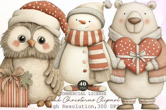 Cute Pink Christmas Watercolor Clipart PNG
