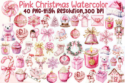 Pink Christmas Watercolor Clipart Cute Holiday PNG Bundle