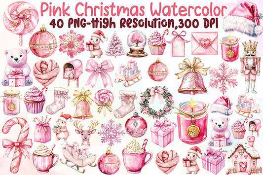 Pink Christmas Watercolor Clipart Cute Holiday PNG Bundle