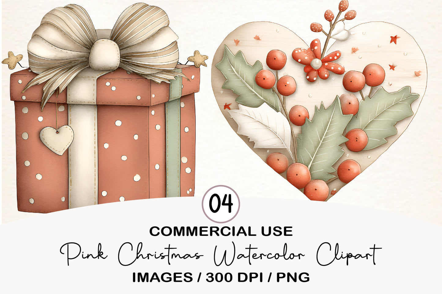 Pink Christmas Watercolor Clipart PNG Bundle | Elegant Pastel Holiday Clipart | Coquette Christmas PNG