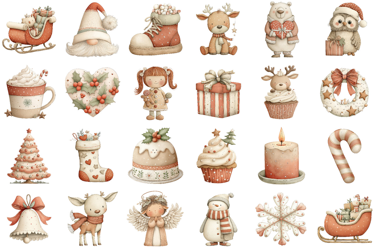 Cute Pink Christmas Watercolor Clipart PNG