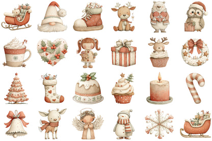 Cute Pink Christmas Watercolor Clipart PNG