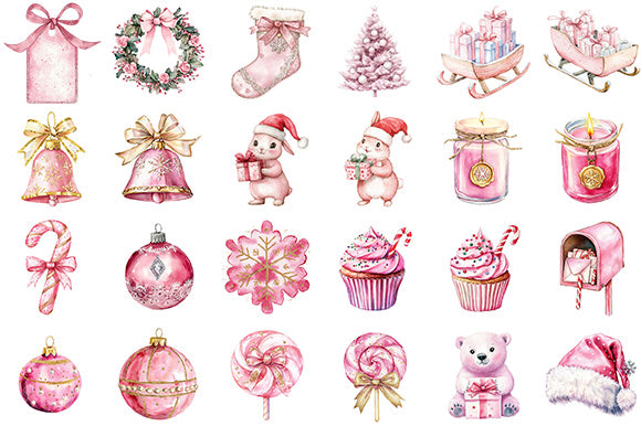 Pink Christmas Watercolor Clipart Cute Holiday PNG Bundle