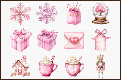 Pink Christmas Watercolor Clipart Cute Holiday PNG Bundle