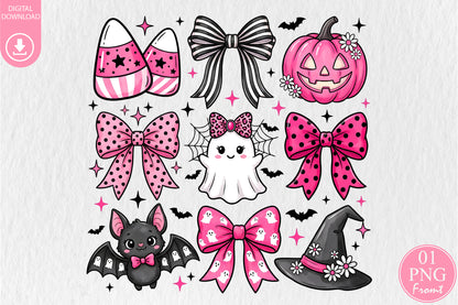 Pink Coquette Halloween PNG Cute Ghost Bow Pumpkin Witch Bat Sublimation Design