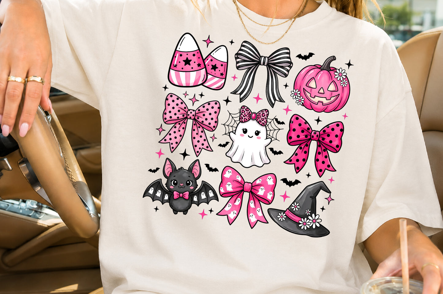Pink Coquette Halloween PNG Cute Ghost Bow Pumpkin Witch Bat Sublimation Design