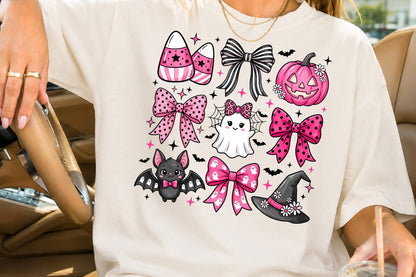 Pink Coquette Halloween PNG Cute Ghost Bow Pumpkin Witch Bat Sublimation Design