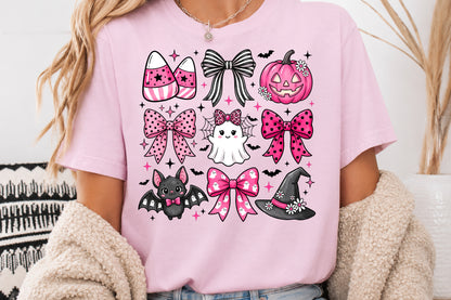 Pink Coquette Halloween PNG Cute Ghost Bow Pumpkin Witch Bat Sublimation Design