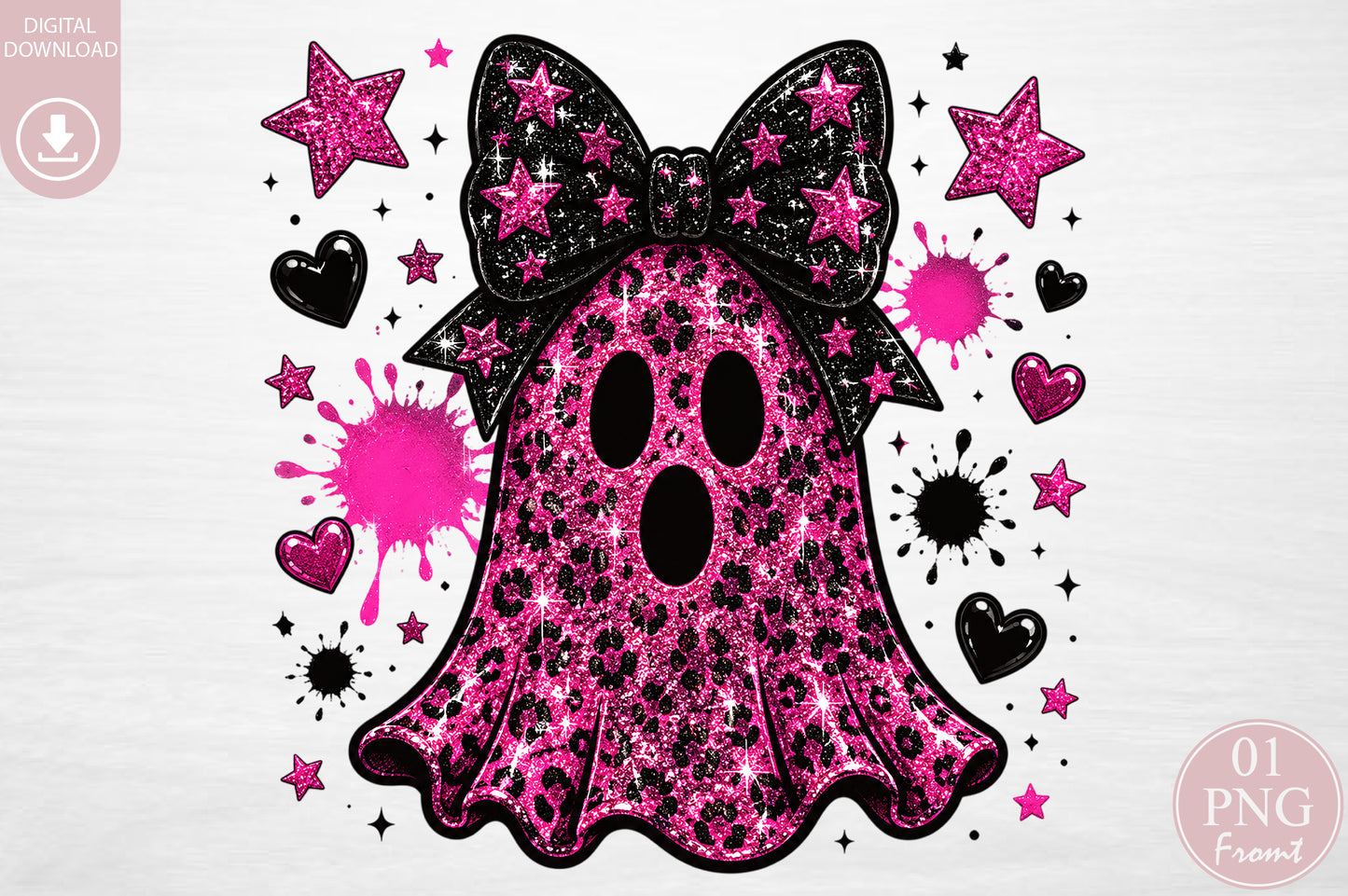 Pink Glitter Leopard Ghost PNG Halloween Spooky Sublimation Design