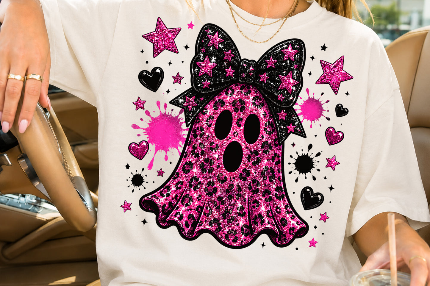 Pink Glitter Leopard Ghost PNG Halloween Spooky Sublimation Design