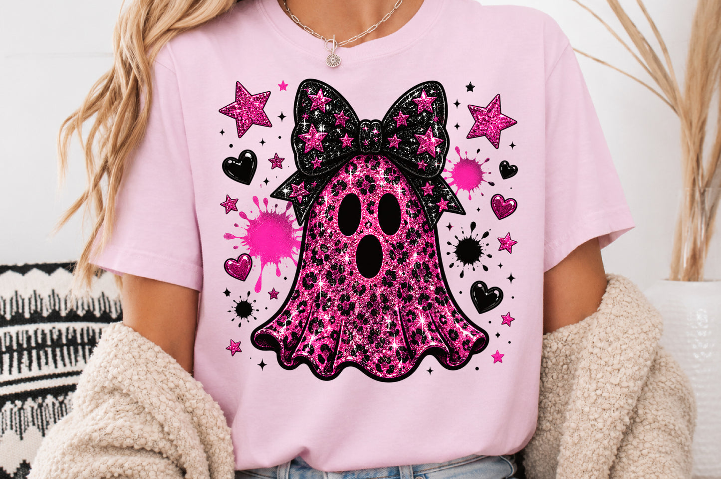 Pink Glitter Leopard Ghost PNG Halloween Spooky Sublimation Design