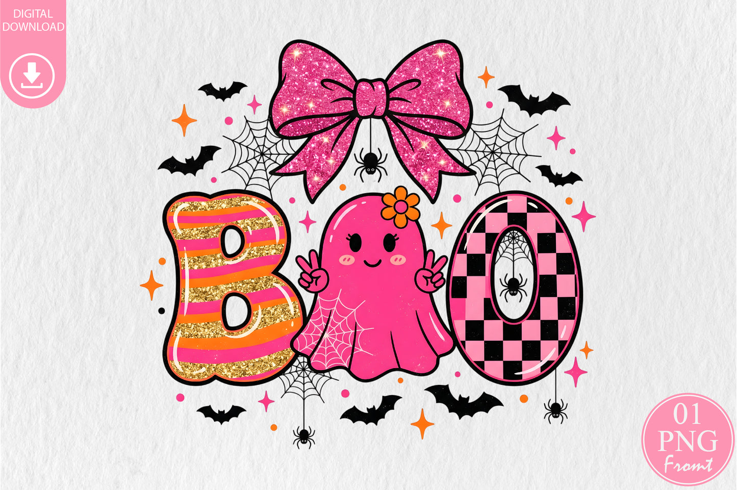 Pink Halloween Boo PNG Coquette Ghost Spider Bow Sublimation Design