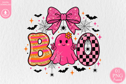 Pink Halloween Boo PNG Coquette Ghost Spider Bow Sublimation Design