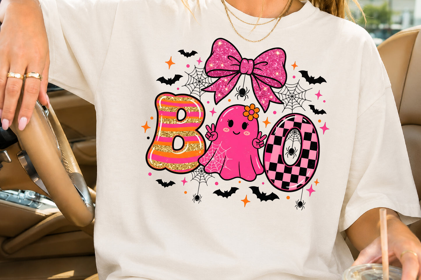 Pink Halloween Boo PNG Coquette Ghost Spider Bow Sublimation Design
