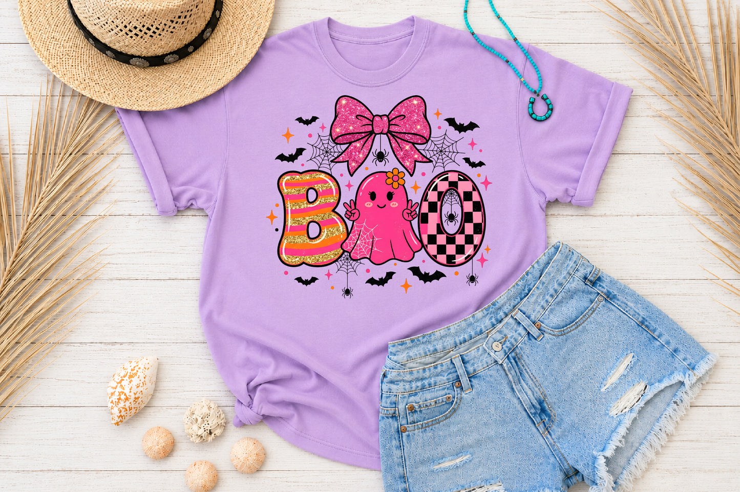 Pink Halloween Boo PNG Coquette Ghost Spider Bow Sublimation Design