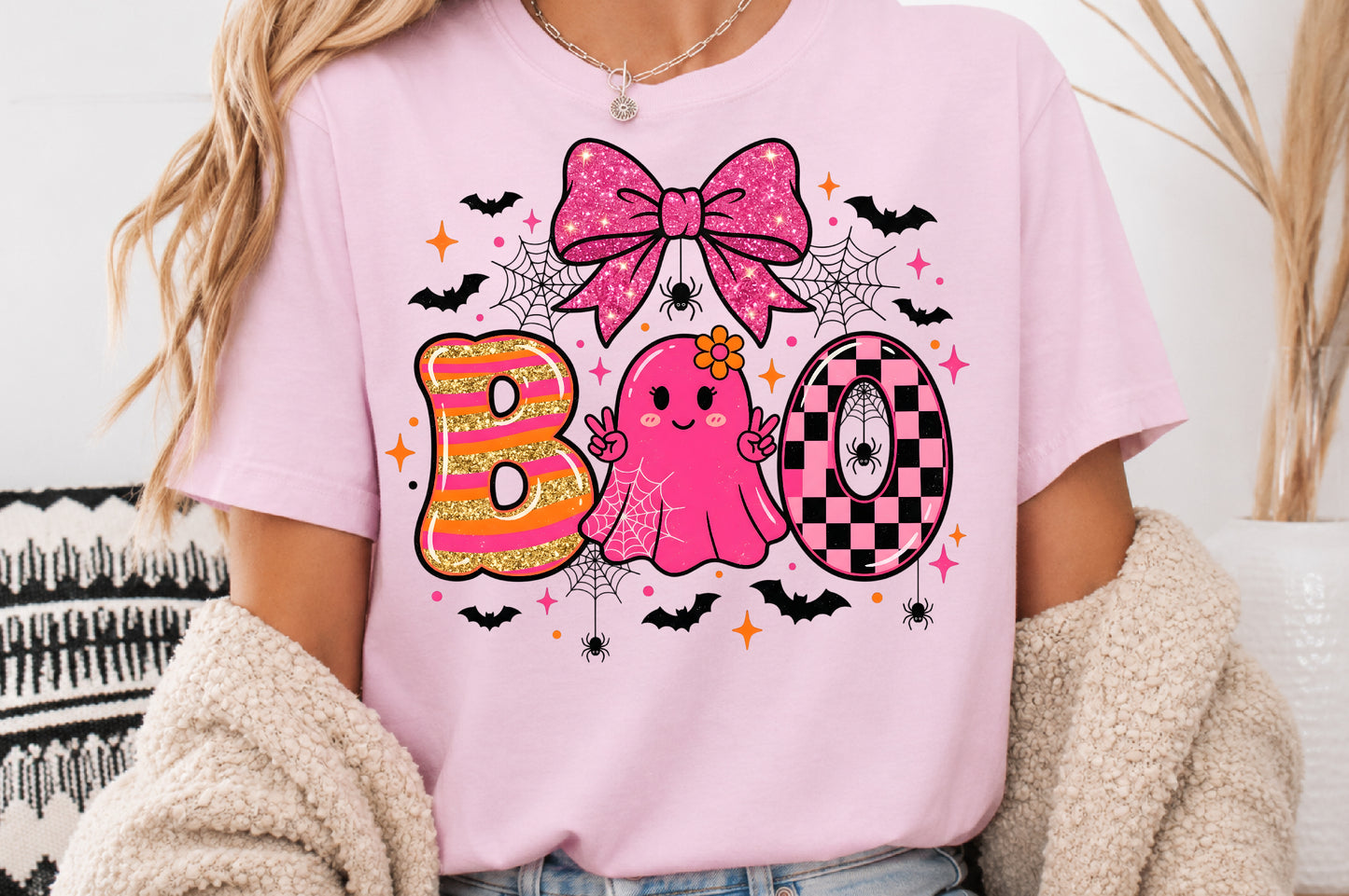 Pink Halloween Boo PNG Coquette Ghost Spider Bow Sublimation Design