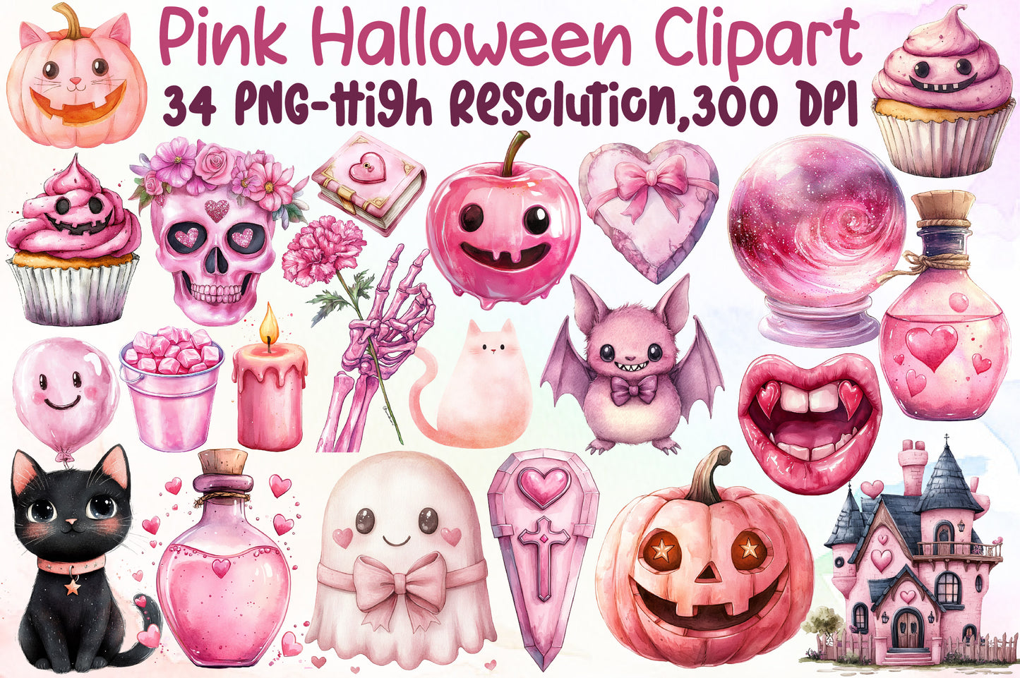 Pink Halloween Watercolor Clipart Cute Spooky PNG Bundle