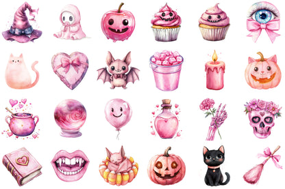Pink Halloween Watercolor Clipart Cute Spooky PNG Bundle