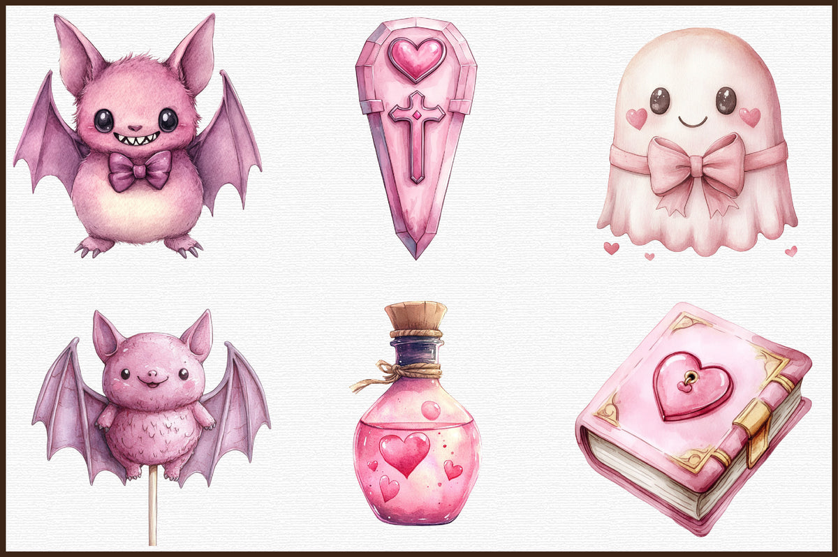 Pink Halloween Watercolor Clipart Cute Spooky PNG Bundle