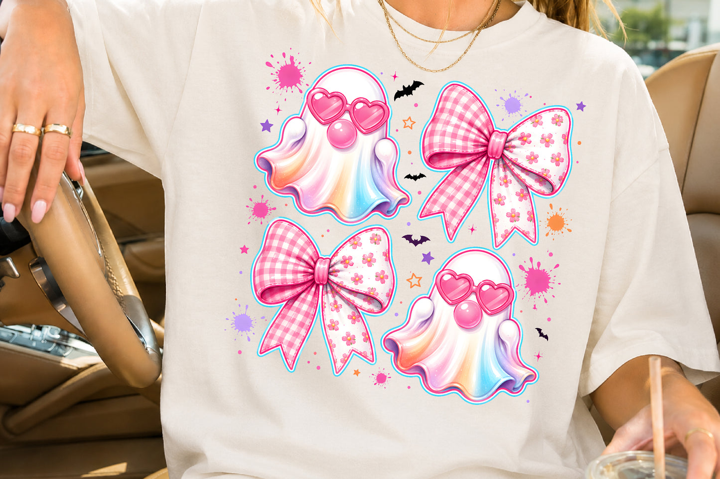 Pink Halloween Coquette Bow Ghost Sublimation PNG Spooky Cute Design