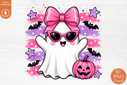 Pink Halloween Ghost Bow Pumpkin Sublimation PNG Spooky Cute Design