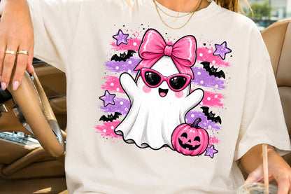 Pink Halloween Ghost Bow Pumpkin Sublimation PNG Spooky Cute Design