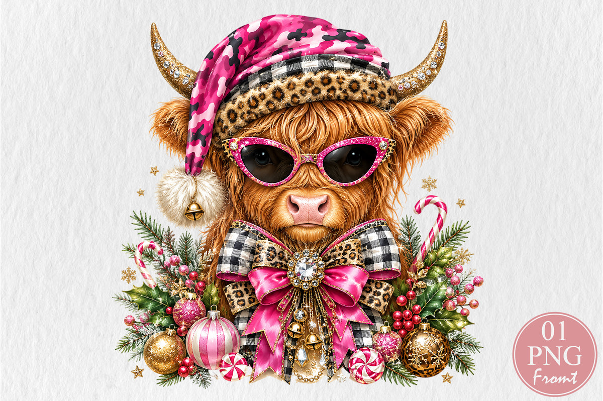 Pink Highland Cow Christmas PNG Cute Glam Cow Holiday Sublimation Design