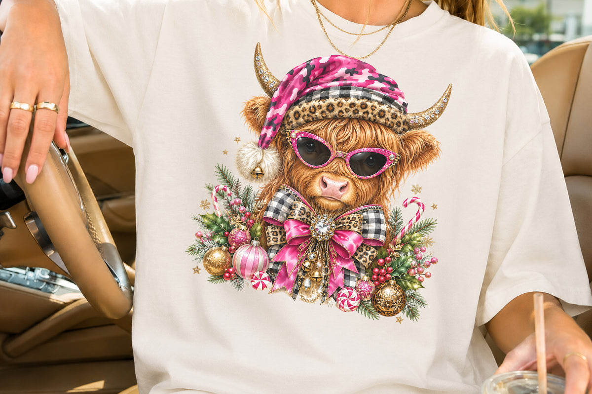 Pink Highland Cow Christmas PNG Cute Glam Cow Holiday Sublimation Design