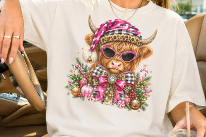 Pink Highland Cow Christmas PNG Cute Glam Cow Holiday Sublimation Design