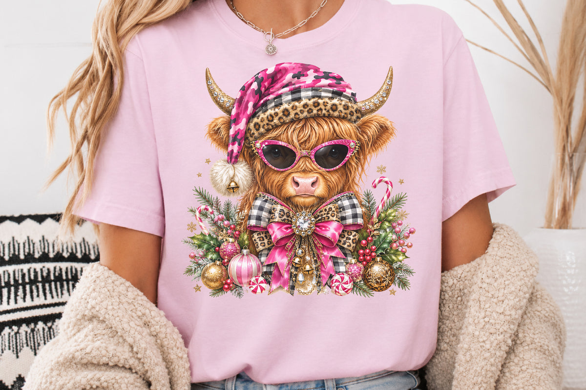Pink Highland Cow Christmas PNG Cute Glam Cow Holiday Sublimation Design