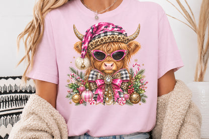 Pink Highland Cow Christmas PNG Cute Glam Cow Holiday Sublimation Design