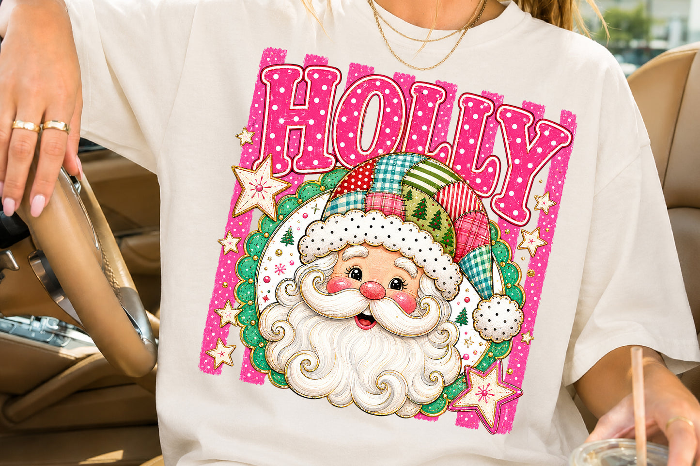 Pink Holly Santa Claus Christmas PNG Sublimation