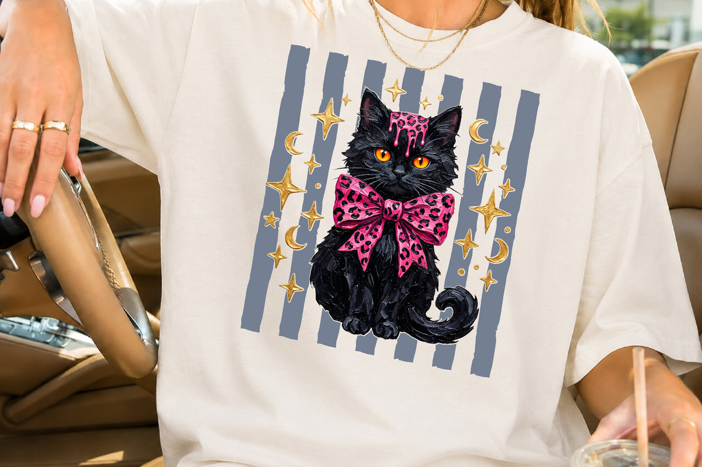 Pink Leopard Black Cat Halloween PNG Spooky Sublimation