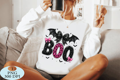 Pink Leopard Boo Halloween Bat PNG